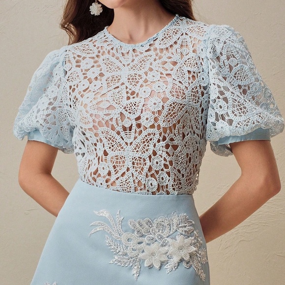 Classic Butterfly Lace Detail Semi Sheer Puff Sleeve Blouse - Picture 3 of 7